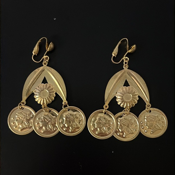 Vintage Etruscan Gold Ancient Coin Chandelier Drop Clip Ons Earrings - Picture 7 of 10